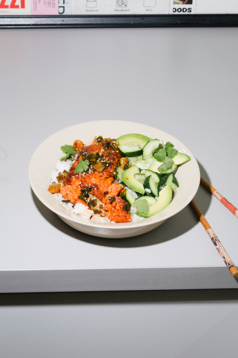 Plant-Based Salmon and Spicy Scallion Oil