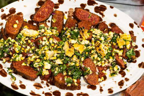 Grilled Vegan Meat with Charred Corn and Coriander Salsa