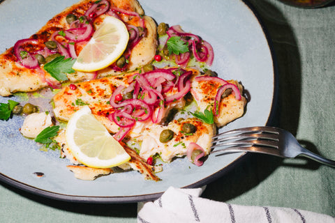 Flaky Plant-Based Fish with Red Onion and Caper Relish