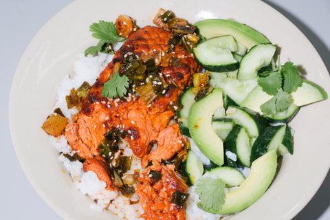 Plant-Based Salmon and Spicy Scallion Oil