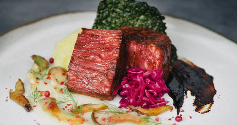 Juicy Marbles plant-based filet seared golden with herb butter